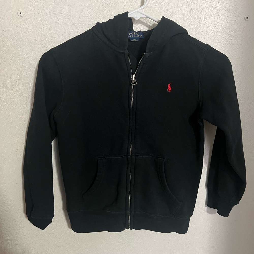 POLO RALPH LAUREN Classic Full Zip Logo Fleece Hoodie Black Red Boy's Size 7 GUC